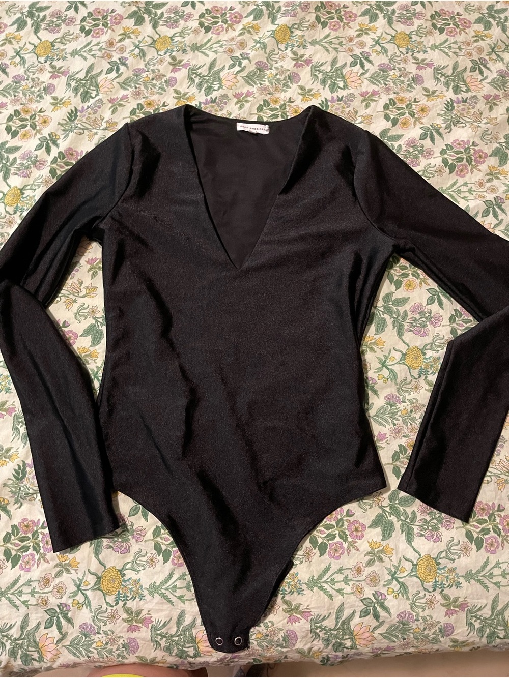 Good American Black Deep V Long-Sleeve Bodysuit